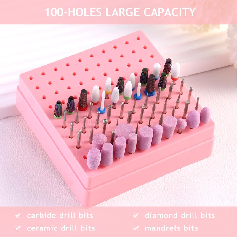 Furtherpretty Nail Drill Bit Holder, 100 Holes Acrylic Nail Drill Bit Organizer with Clear Cover, Nail Drill Bit Storage Case for Manicure Pedicure, Professional Nail Salon Supplies (100 holes-Pink) - Image 3